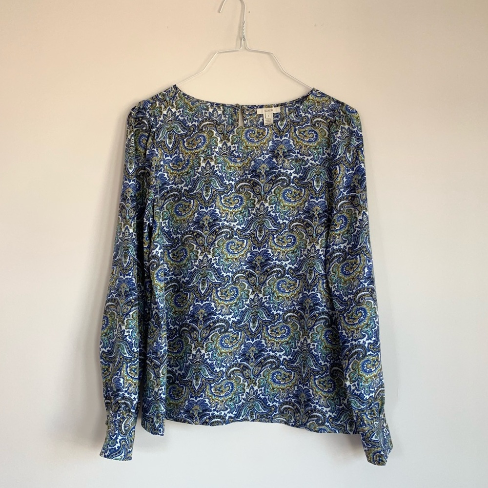 J. Crew 100% Silk Blue Green Yellow Paisley Print Long Sleeve Top